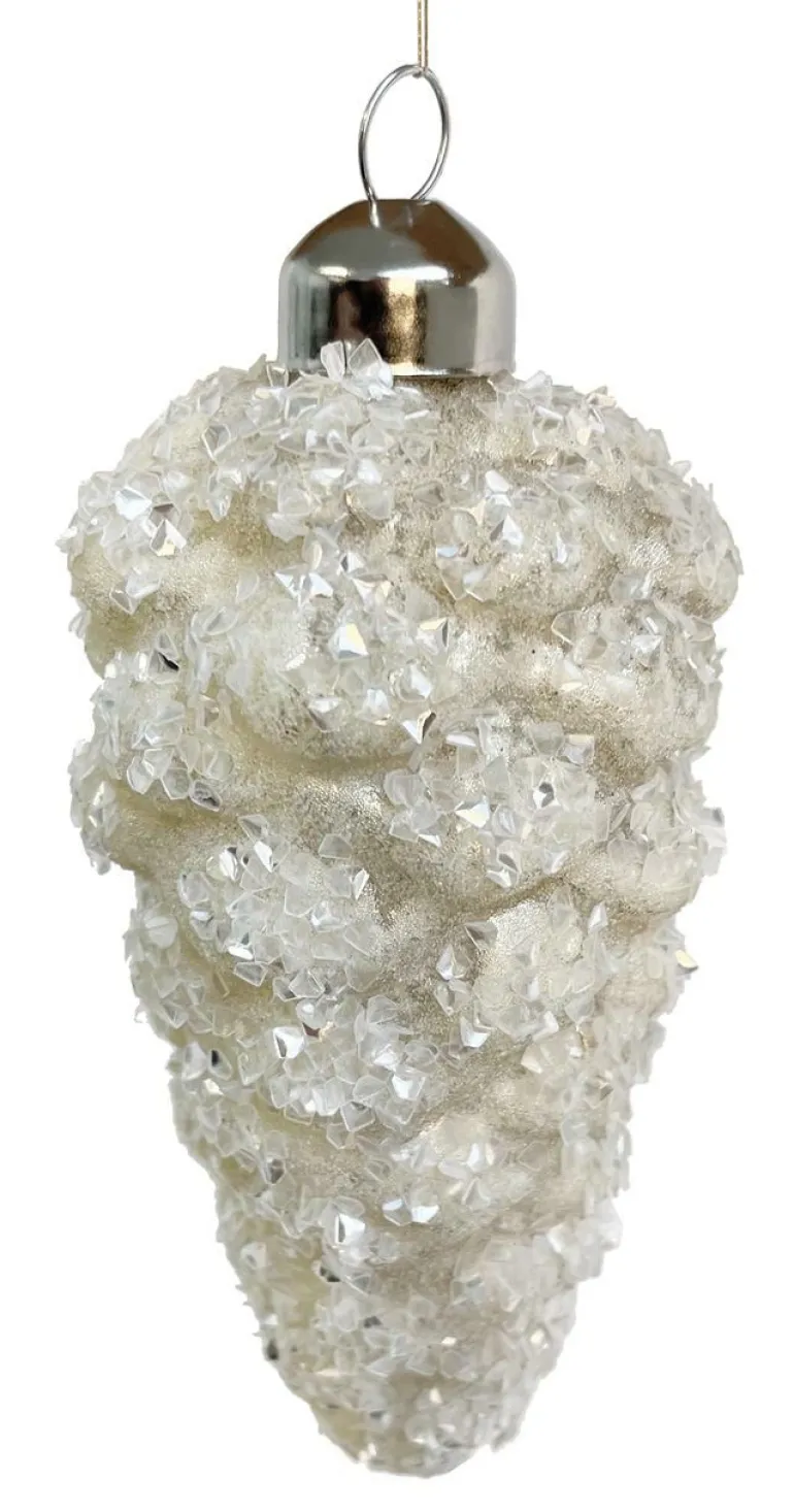 Glas Kiefernzapfen Zuckerweiß mit Glitter 14cm