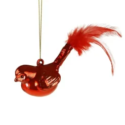 Glashänger Vogel mit Feder rot 4,5x5x8cm