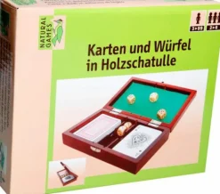 Karten und Würfel in Holzschatulle
