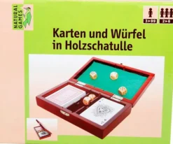 Karten und Würfel in Holzschatulle