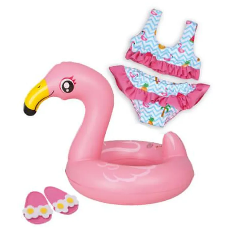 Puppen-Schwimmset Flamingo Ella, Schwimmring + Bad