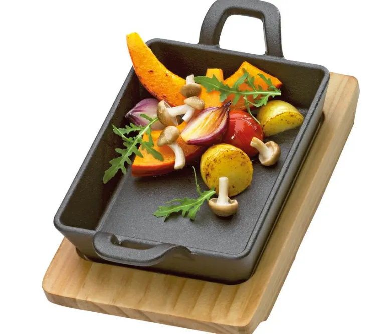 Servierpfanne BBQ eckig mit Holzbrett