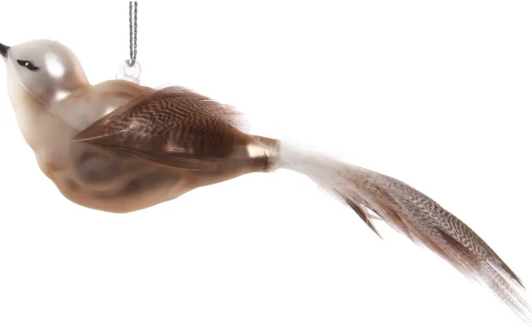 Vogel 20cm mit Feder, glas, grau/silber